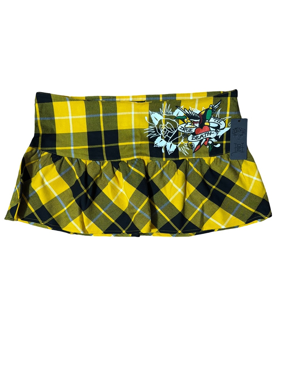 Ed Hardy Yellow and Black Plaid Ruffle Mini Skirt with Graphic Patch